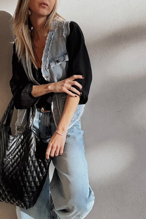 Frayed Edge Snap Front Flap Pocket Denim Vests